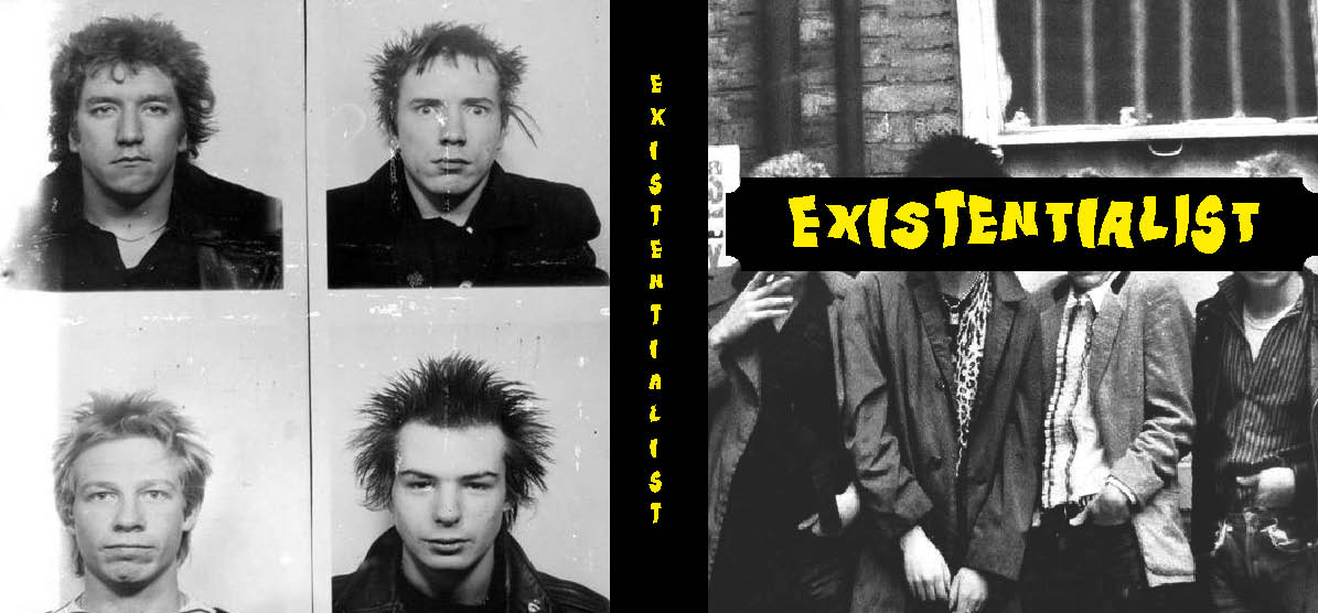 Black and white photo of Sex Pistols members in a chessboard composition on the left and black rectangle with a yellow sign EXISTENTIALIST in the middle and black and white photo of Sex Pistols members next to each other on the right.