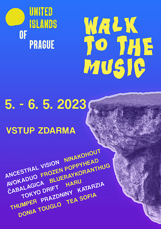 Neon blue and purple background with a yellow highlighted names of singers and bands and blue colored edge of a rock on the side.