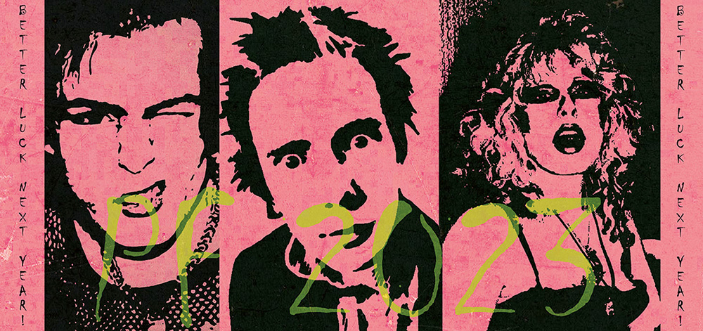 Black silhouettes with faces of Johnny Rotten and Sid Vicious on a pink background with a yellow sign PF 2023.