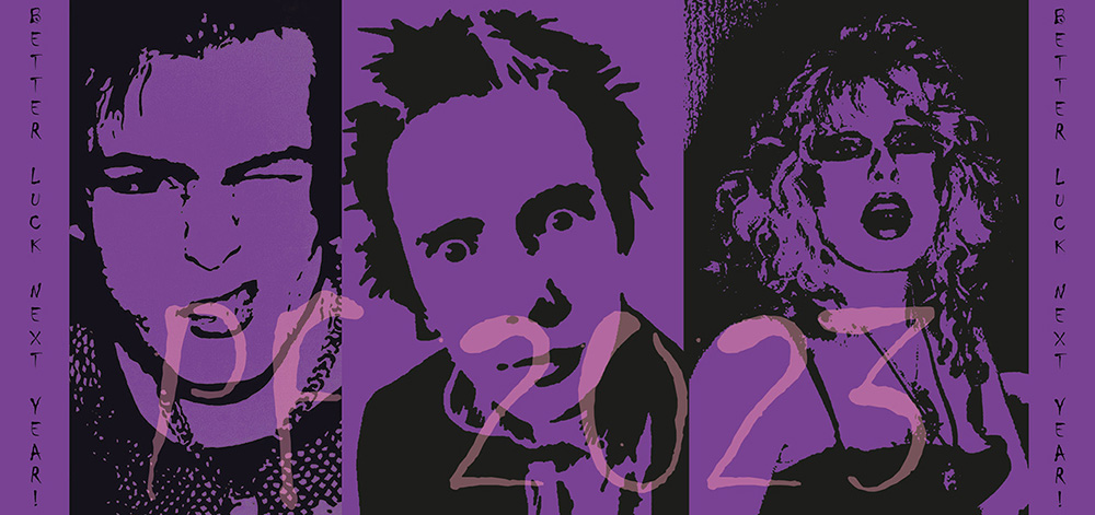 Black silhouettes with faces of Johnny Rotten and Sid Vicious on a purple background with a pink sign PF 2023.