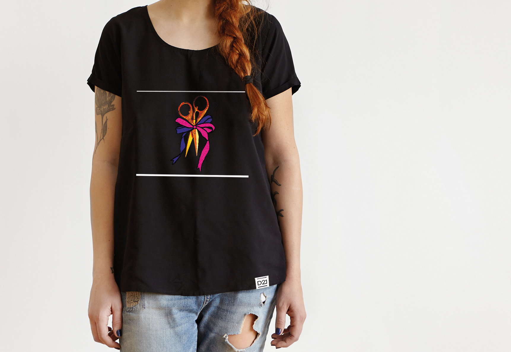 black tshirt with a colorful print