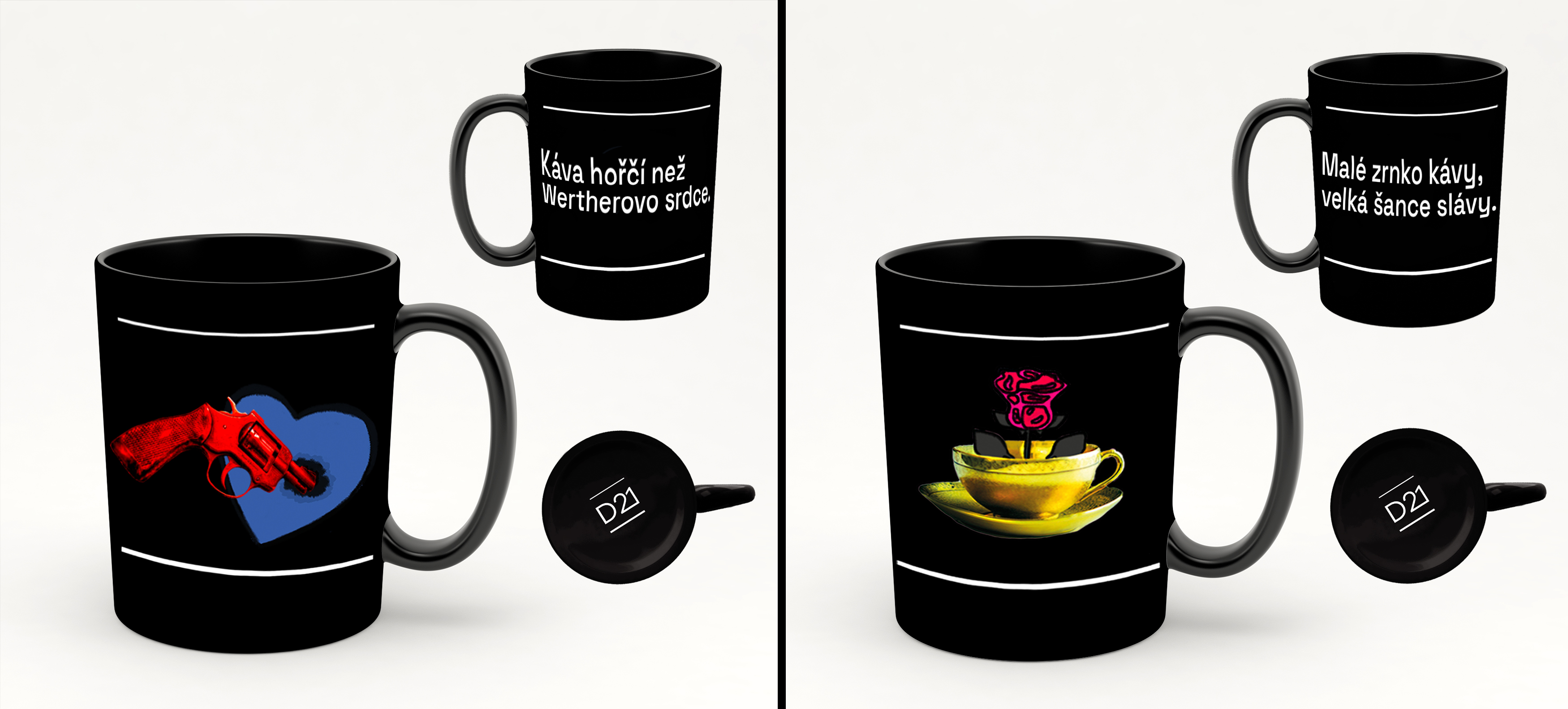 black mugs with colorful print