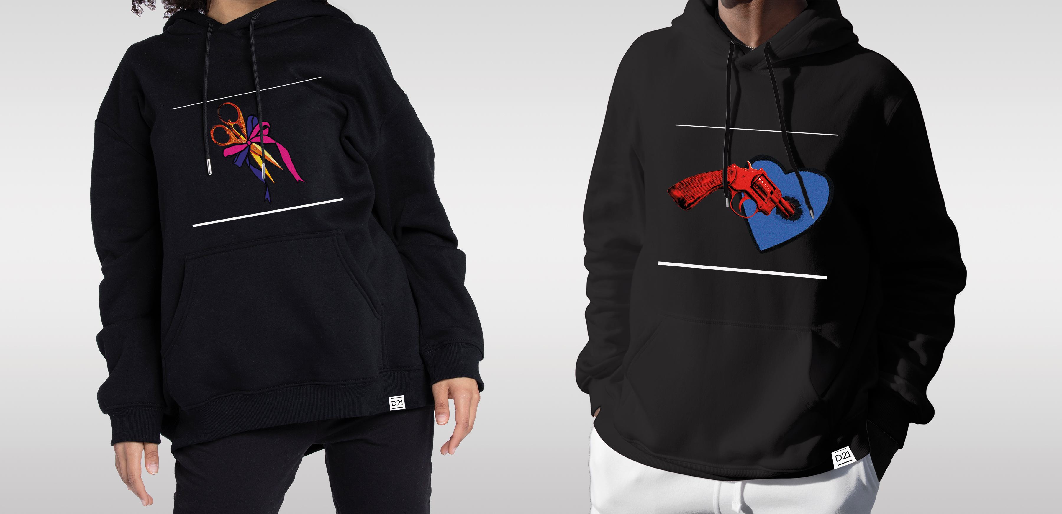 black hoodies with colorful print